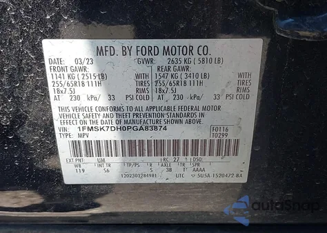 2023 Ford Explorer Xlt from USA, damaged, VIN 1FMSK7DH0PGA83874